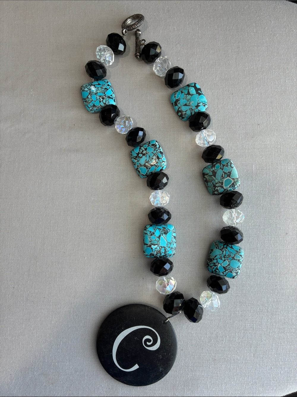 Turquoise Mosaic Bead Necklace with Black Round Pendant